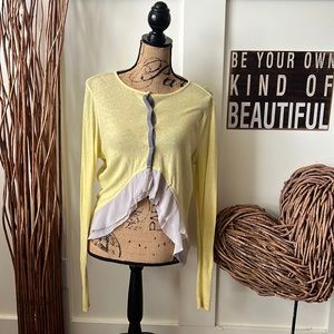 Simply Vera VeraWang Yellow and Khaki Cropped Ruffled Front Cardigan Sweater